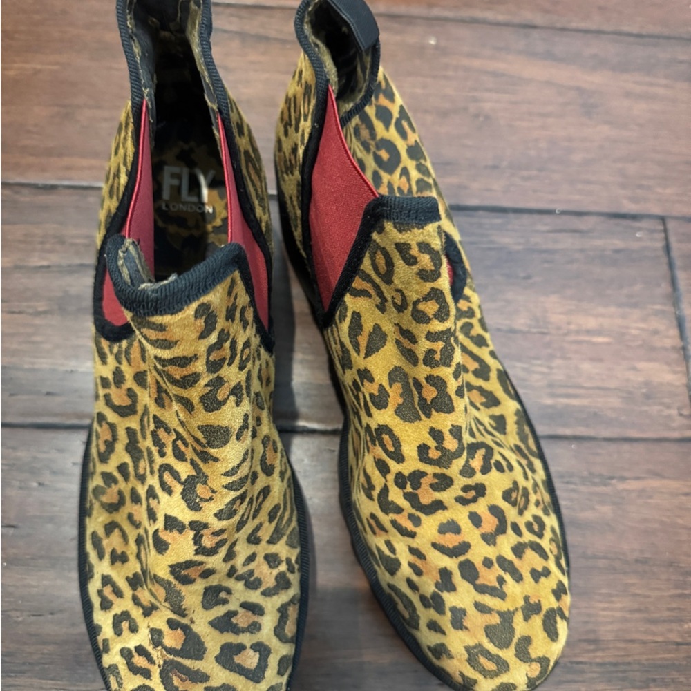 Fly London Leopard Print Ankle Boots with Red Accents